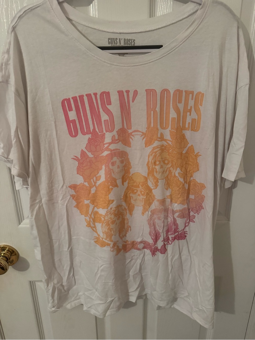 Womens White Graphic Guns and Roses with Pink-Orange Gradient Print